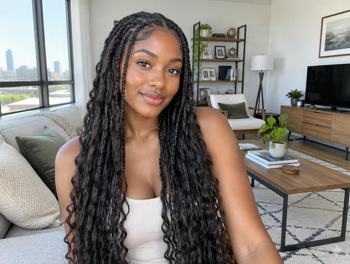 long pre-looped crochet human hair installed as soft boho braids, lifestyle photo