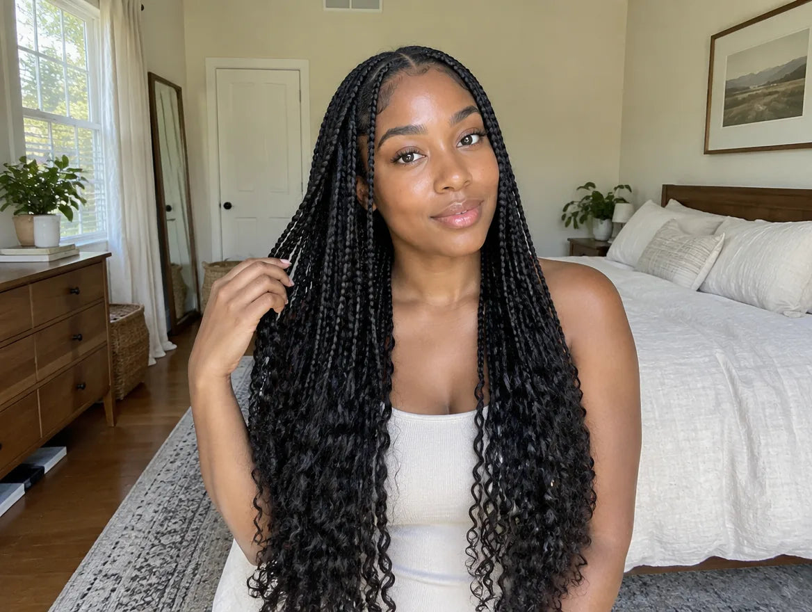 long boho knotless braids with full curly ends, lifestyle photo
