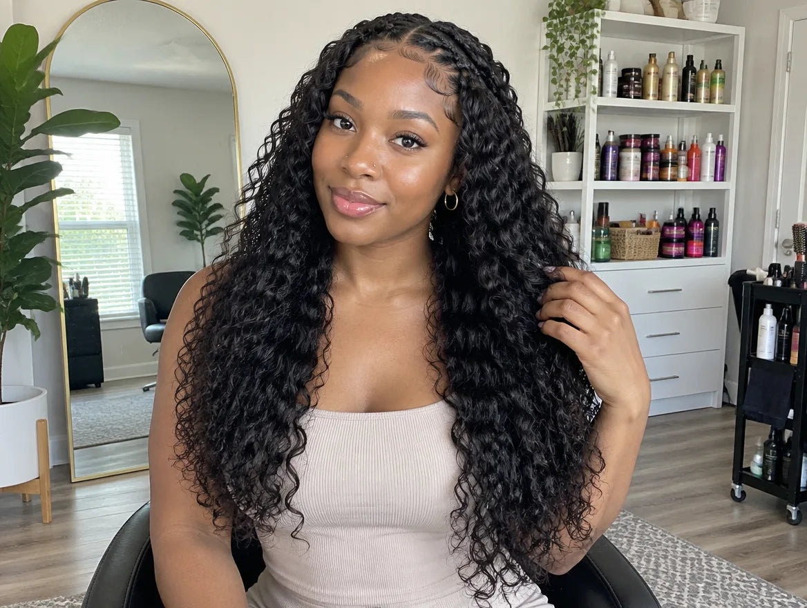 freshly installed miracle knots with soft boho curls, lifestyle photo