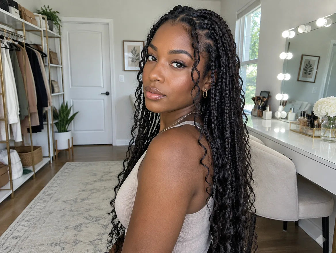 long boho braids with loose curly pieces, lifestyle photo