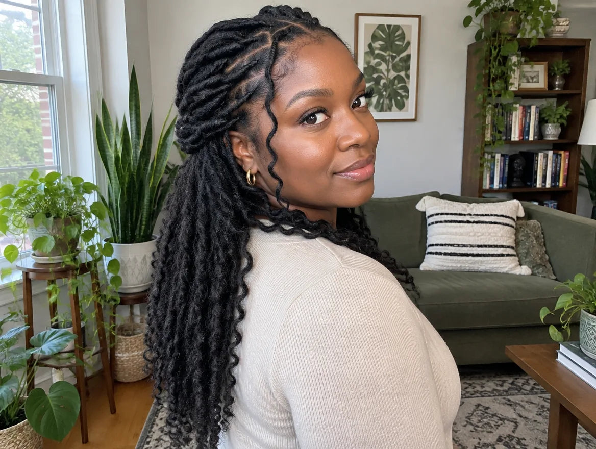 miracle knots installed over neat mature locs, lifestyle photo