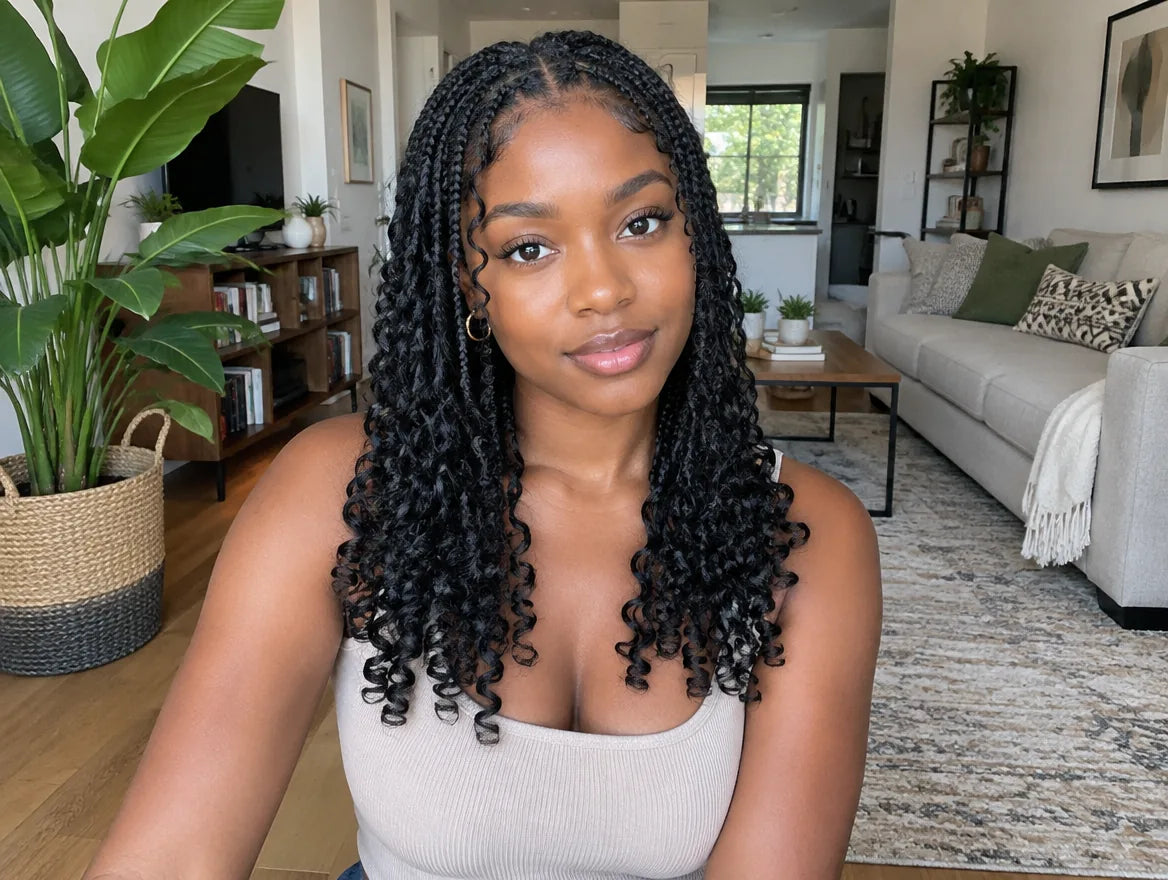 curl-textured braids with defined spiral ends, lifestyle photo
