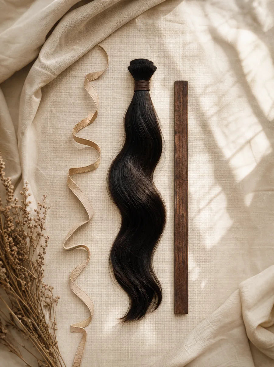 Illustrative measuring tape and a hair bundle on linen, accompanying a length guide.