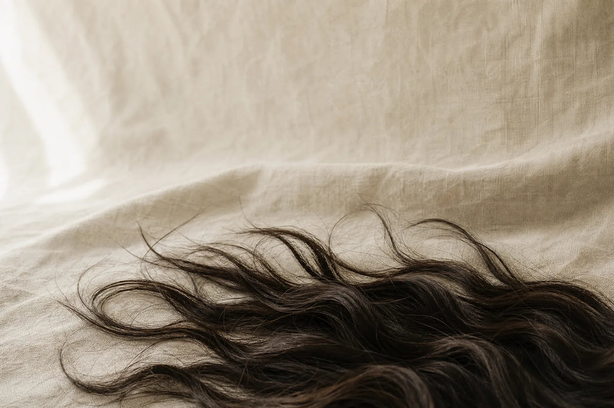 AI-generated illustration of hair spread into loose strands on linen.