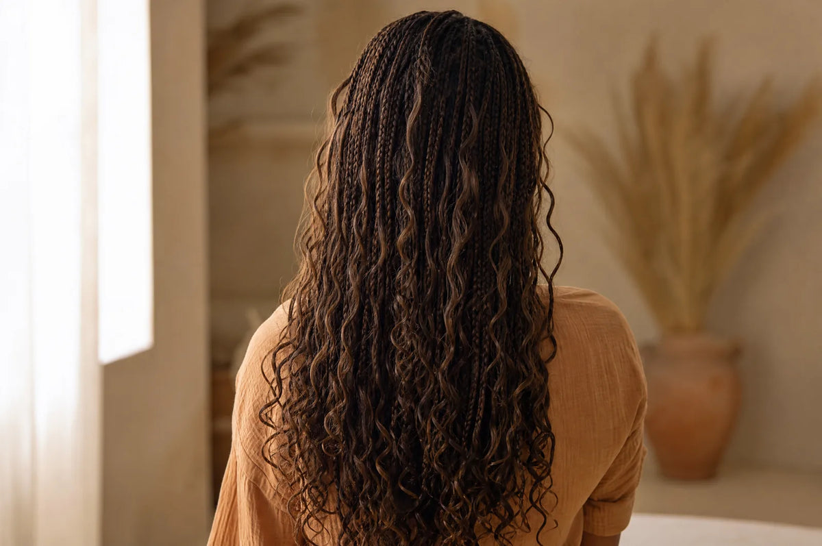 Long boho braids seen from behind — neat thin braids with loose curly pieces left free between them.
