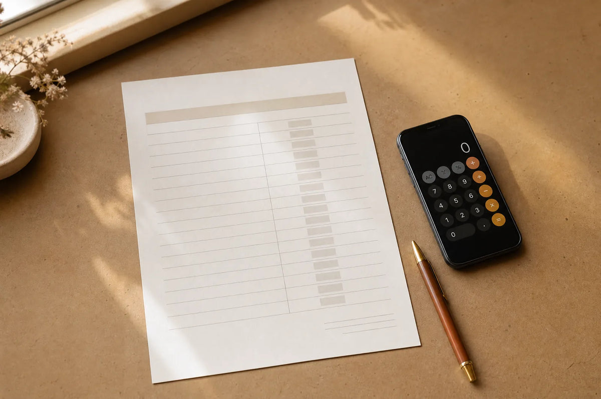 A printed price list and a phone showing a calculator on a plain desk, seen from above.