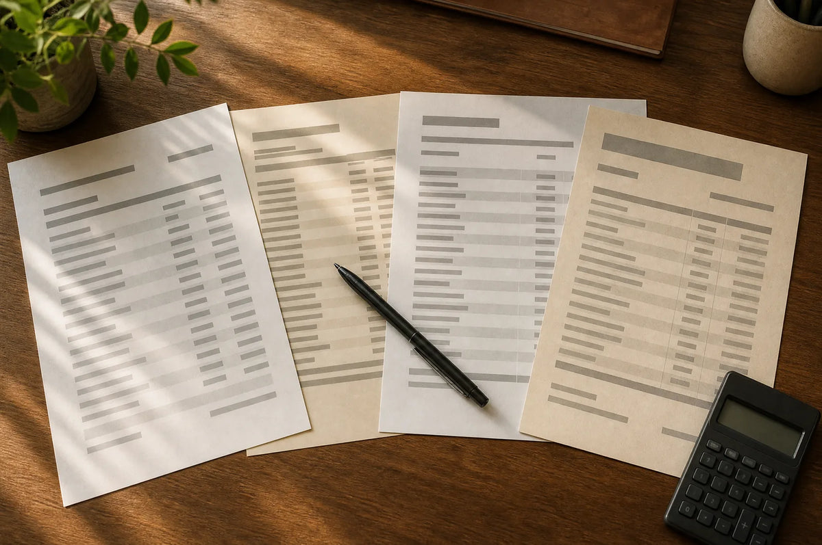 Overhead view of four printed price lists laid side by side on a warm desk with a pen resting across them.