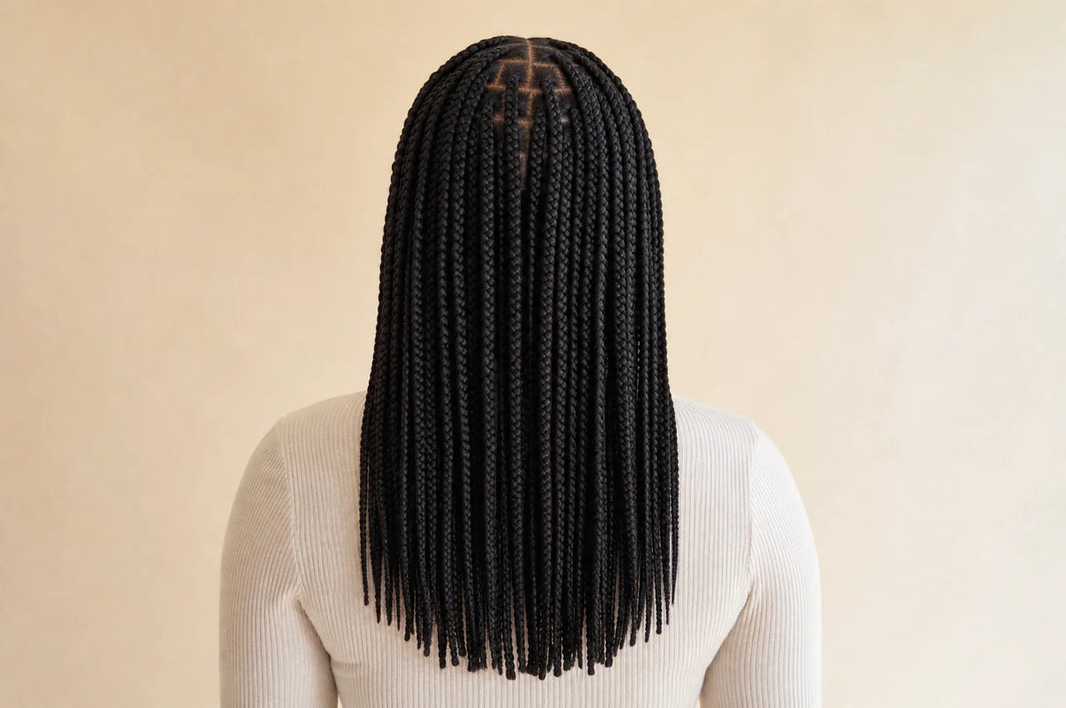 Illustration: long dark braids seen from behind, falling to mid-back.