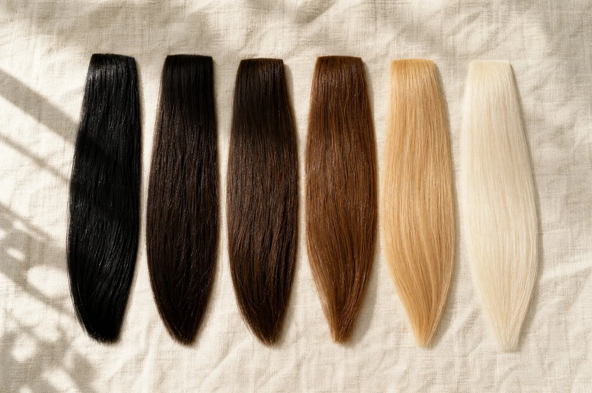 Illustration: a range of hair shades from black through brown to blonde, laid side by side.
