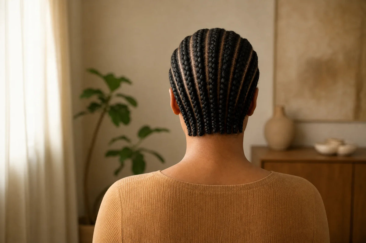 Neat straight-back cornrow braids seen from behind, running from the hairline to the nape.