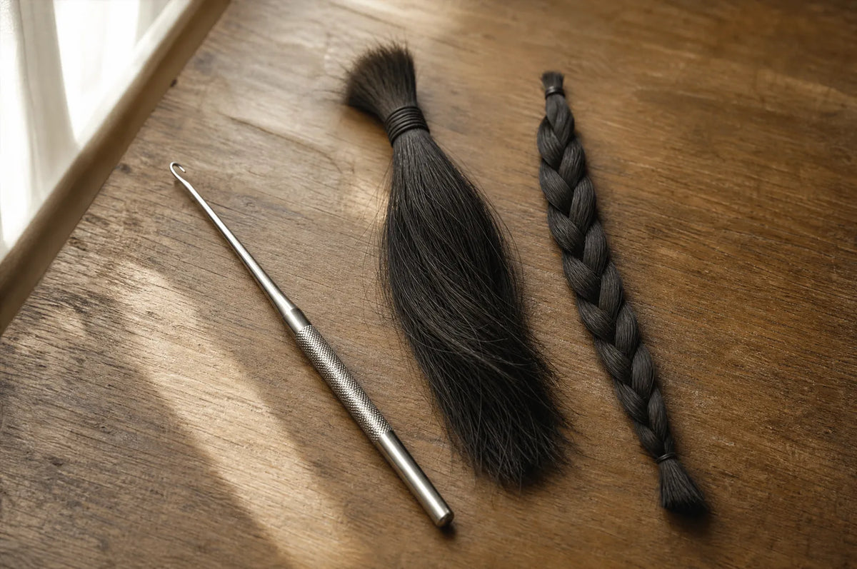 A latch hook tool and a sectioned braided base on a warm wooden surface beside a bundle of loose hair.