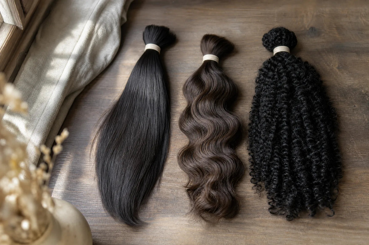Overhead view of three hair bundles in different textures arranged in a row on a warm wooden surface.