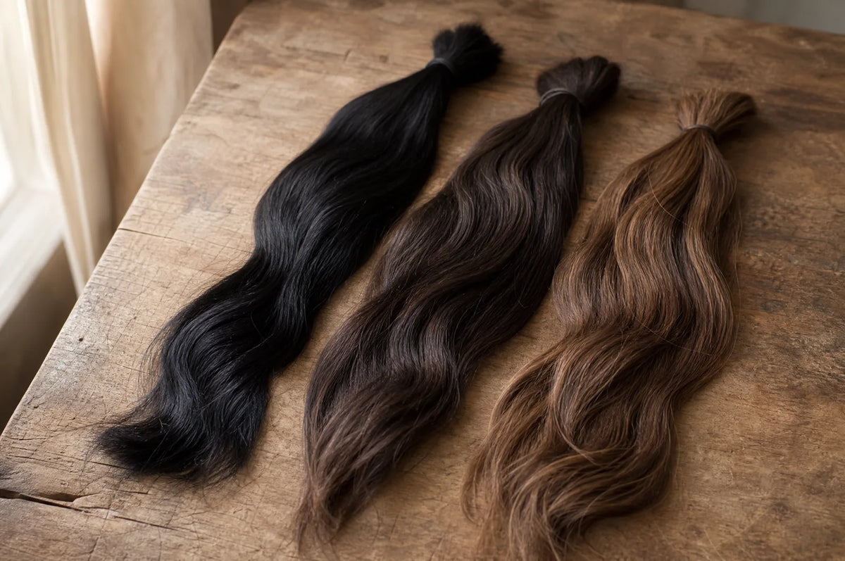 Three bundles of dark human hair in three different shades side by side on a warm wooden surface.