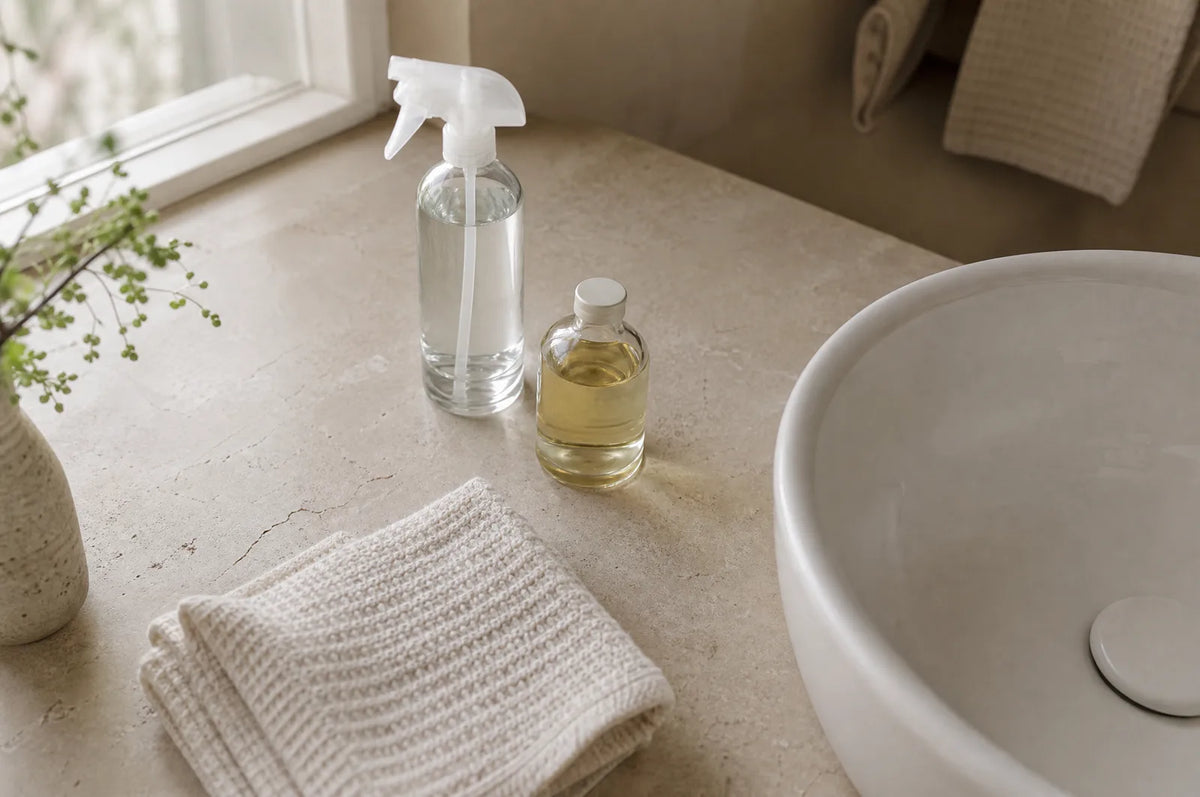 A clear spray bottle of water, a small bottle of oil and a folded towel on a warm tiled bathroom counter.
