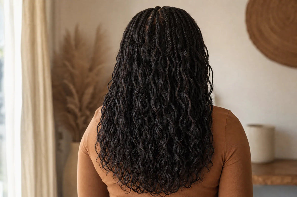 Long crochet-installed hair falling down the back in soft waves, sitting flat against the scalp at the top.