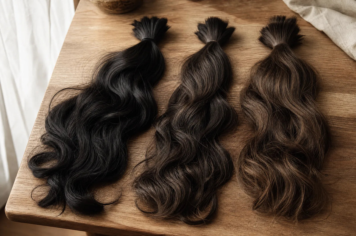 Three bundles of loose wavy human hair in natural shades on a warm wooden surface.
