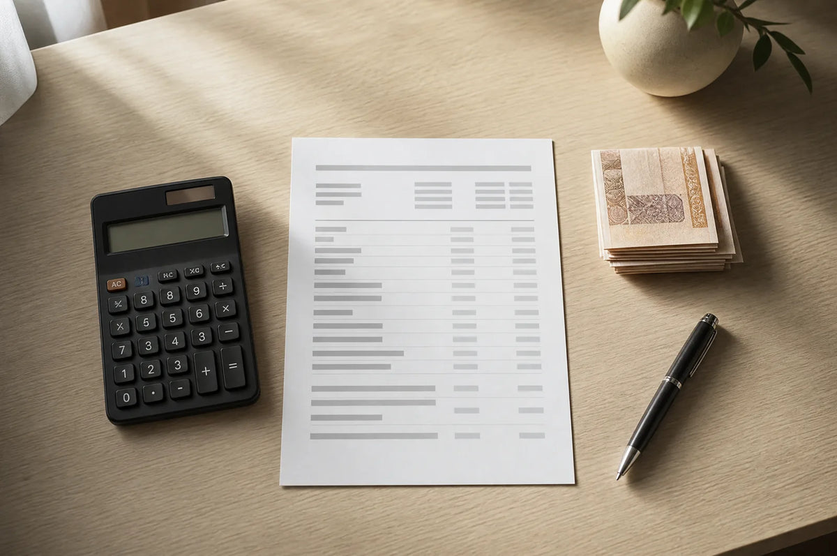 Overhead view of a desk with a blank printed cost worksheet, a calculator, a pen and a small stack of banknotes.