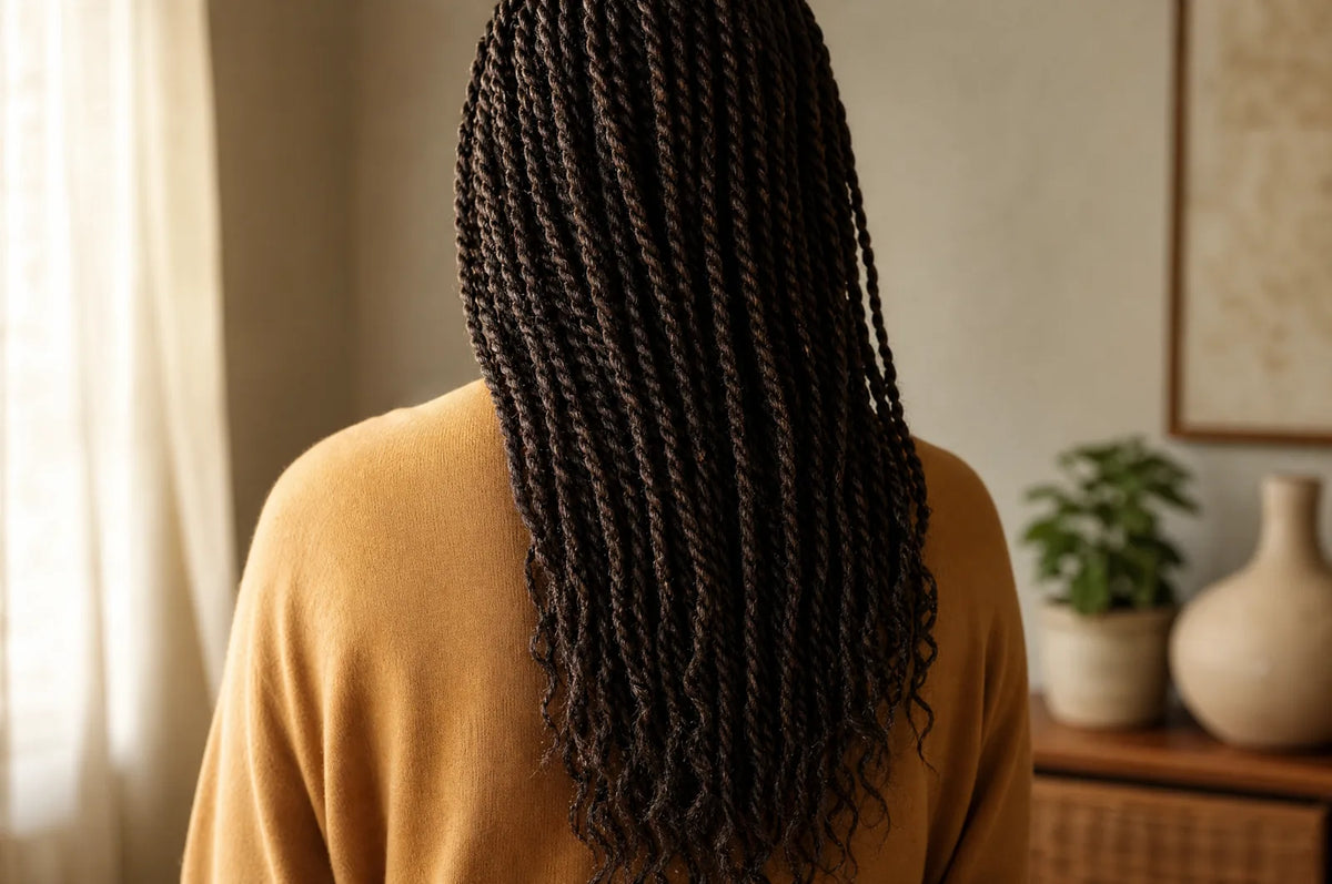 Long two-strand twists seen from behind, showing the rope-like twisted texture running down the back.