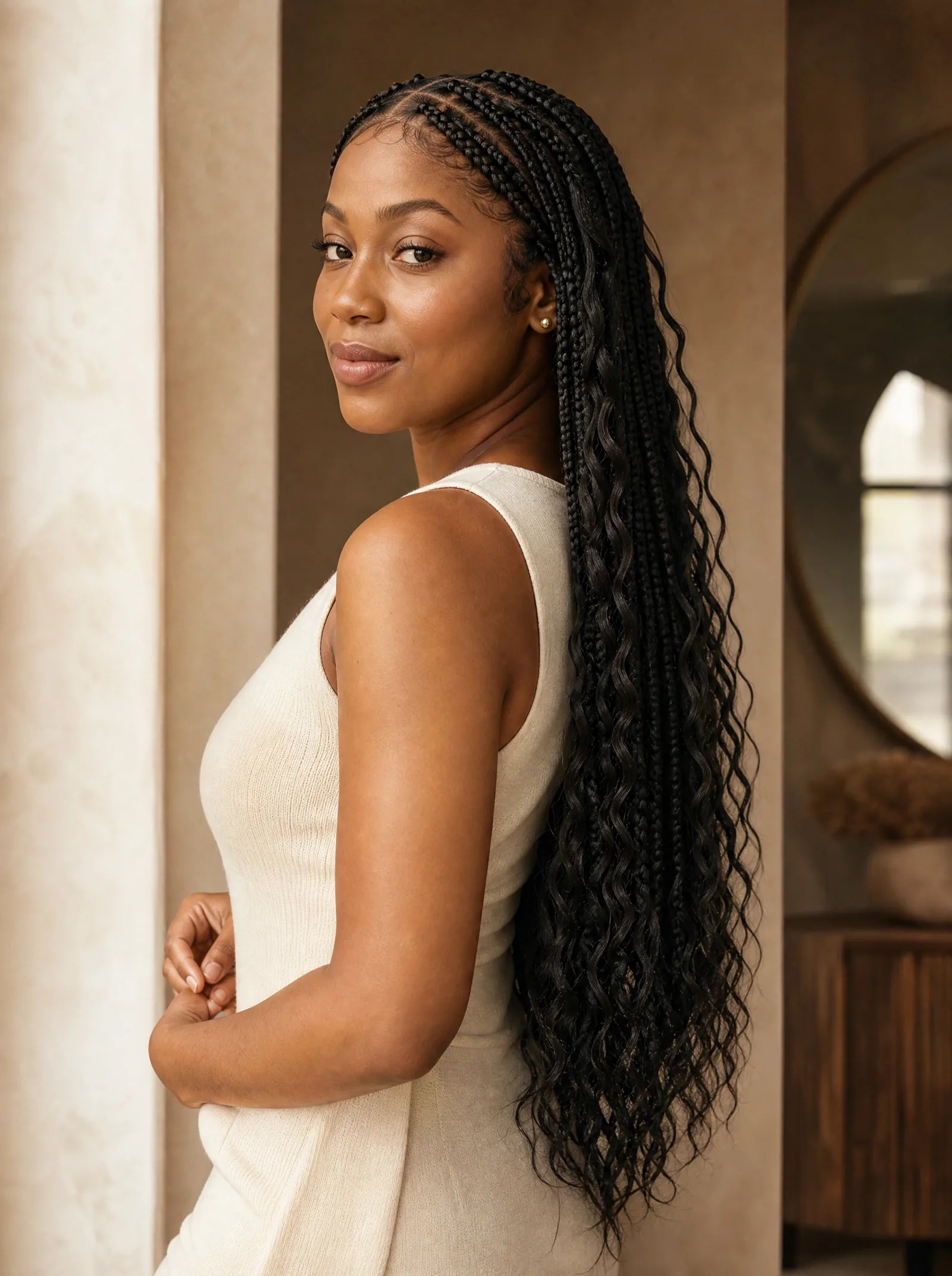 Illustrative woman wearing long braids with soft wave accents